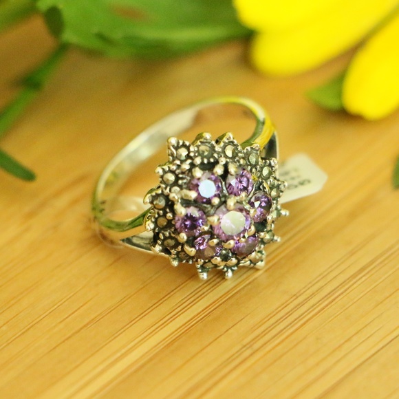 925sterlingsilver flower marcasite Amethyst rings - Picture 6 of 7